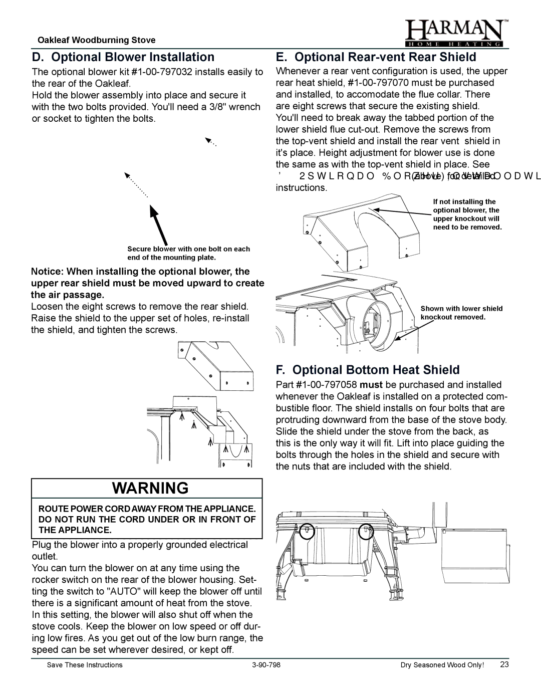 Harman Stove Company 1-90-797000 Optional Blower Installation, Optional Rear-vent Rear Shield, Optional Bottom Heat Shield 