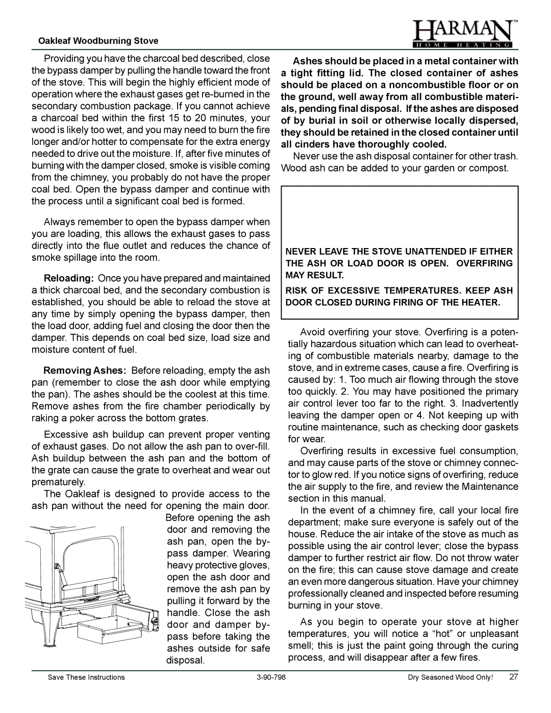 Harman Stove Company 1-90-797000 manual Oakleaf Woodburning Stove 