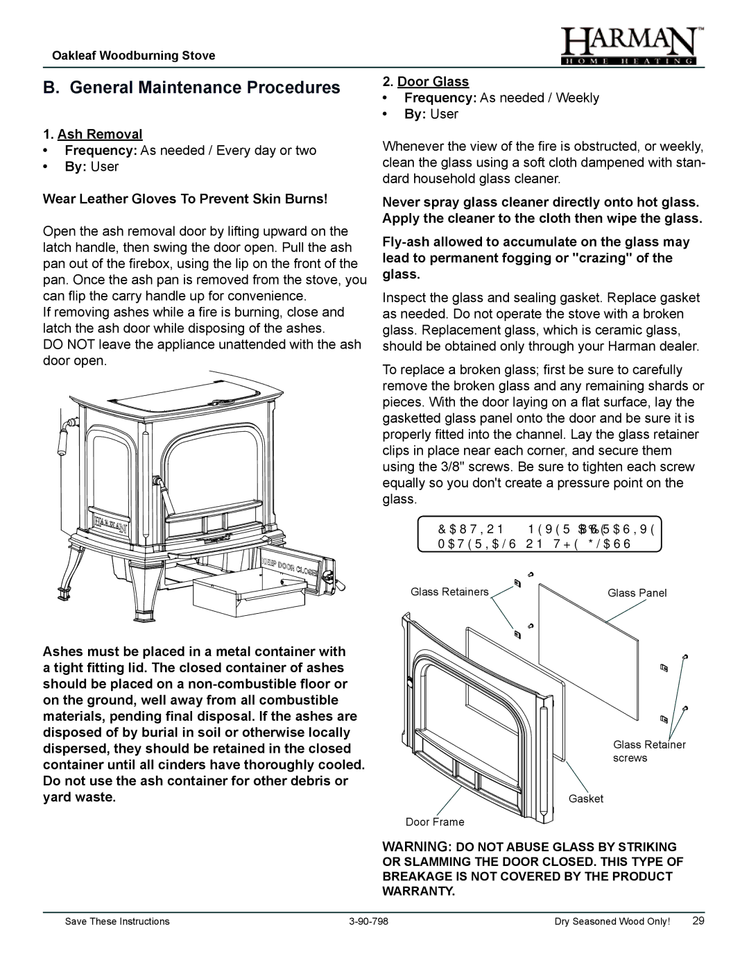 Harman Stove Company 1-90-797000 manual General Maintenance Procedures, Ash Removal, Door Glass, By User 