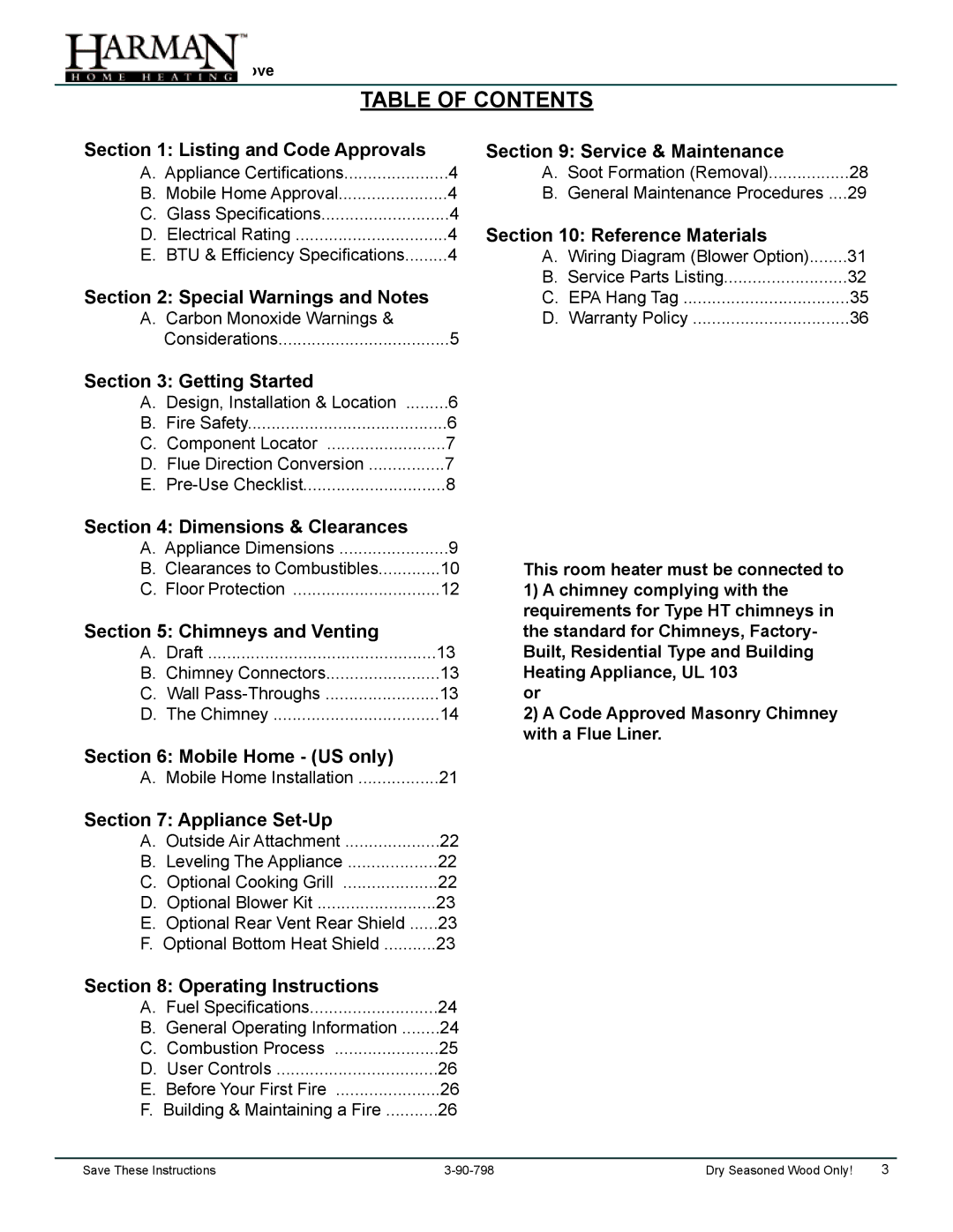 Harman Stove Company 1-90-797000 manual Table of Contents 