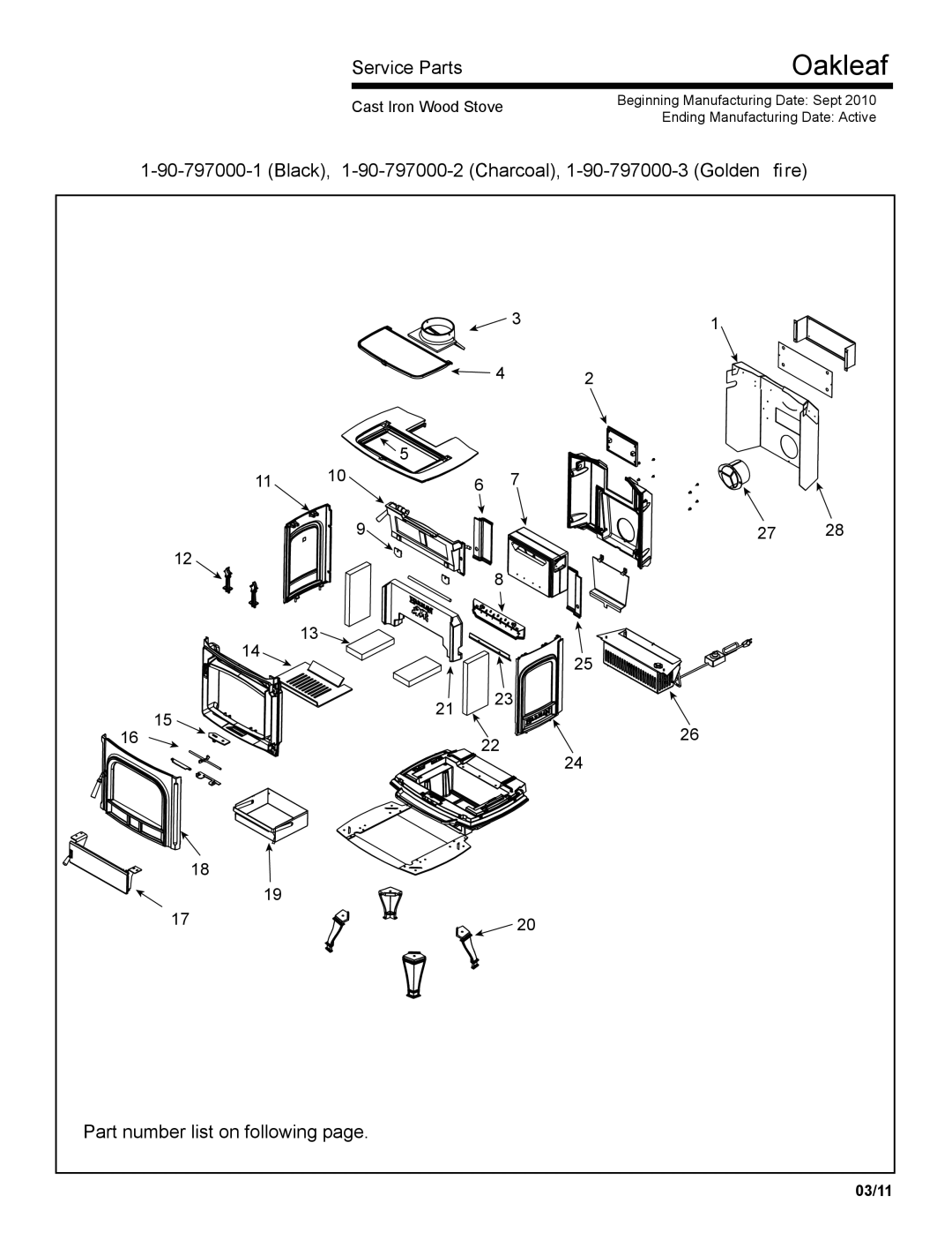 Harman Stove Company 1-90-797000 manual Oakleaf, Service Parts 