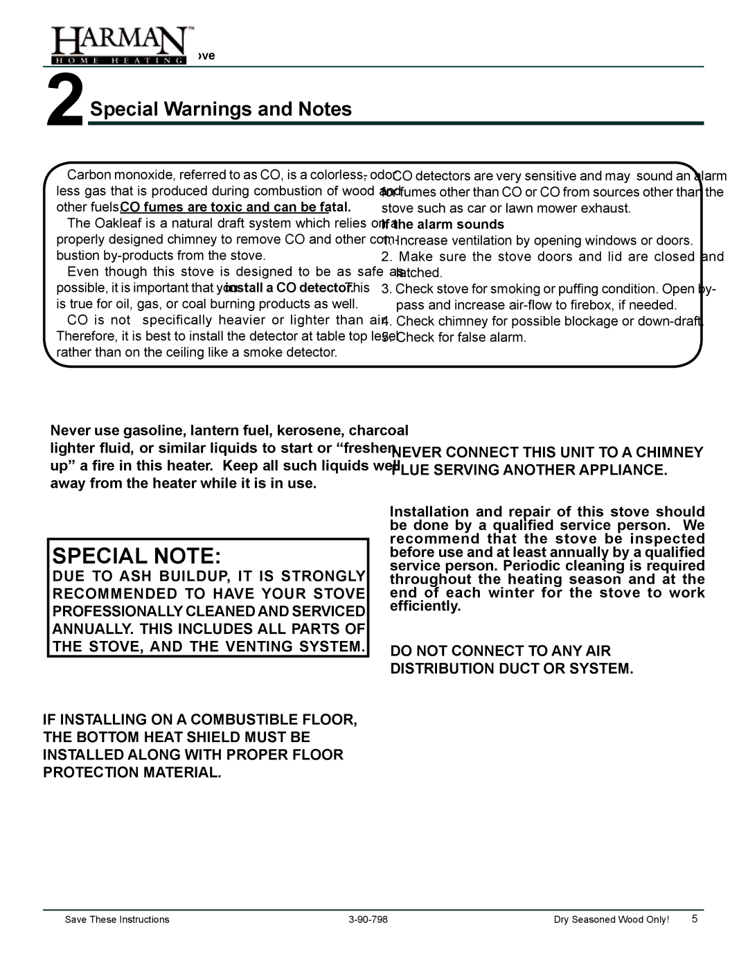 Harman Stove Company 1-90-797000 manual 2Special Warnings and Notes, If the alarm sounds 