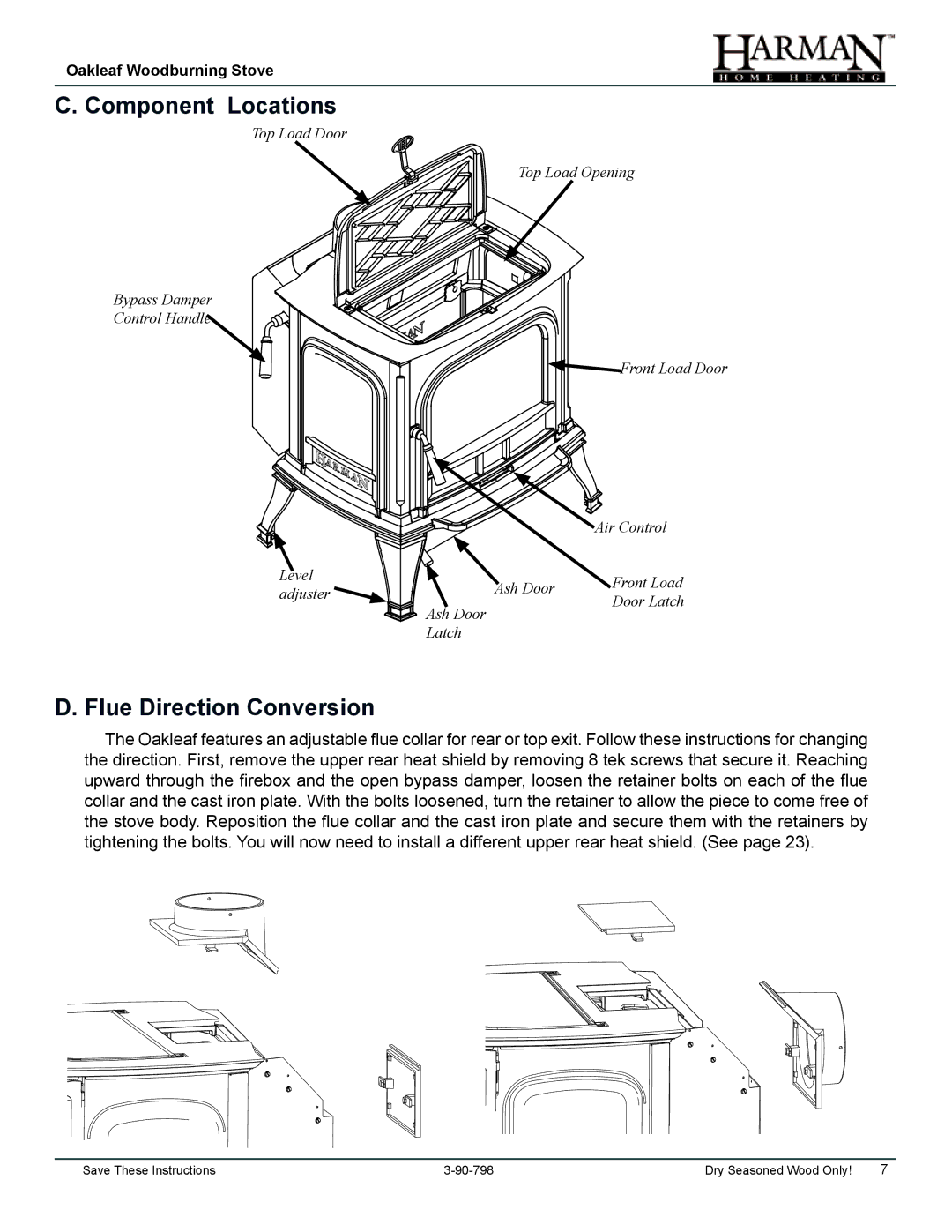 Harman Stove Company 1-90-797000 manual Component Locations, Flue Direction Conversion 