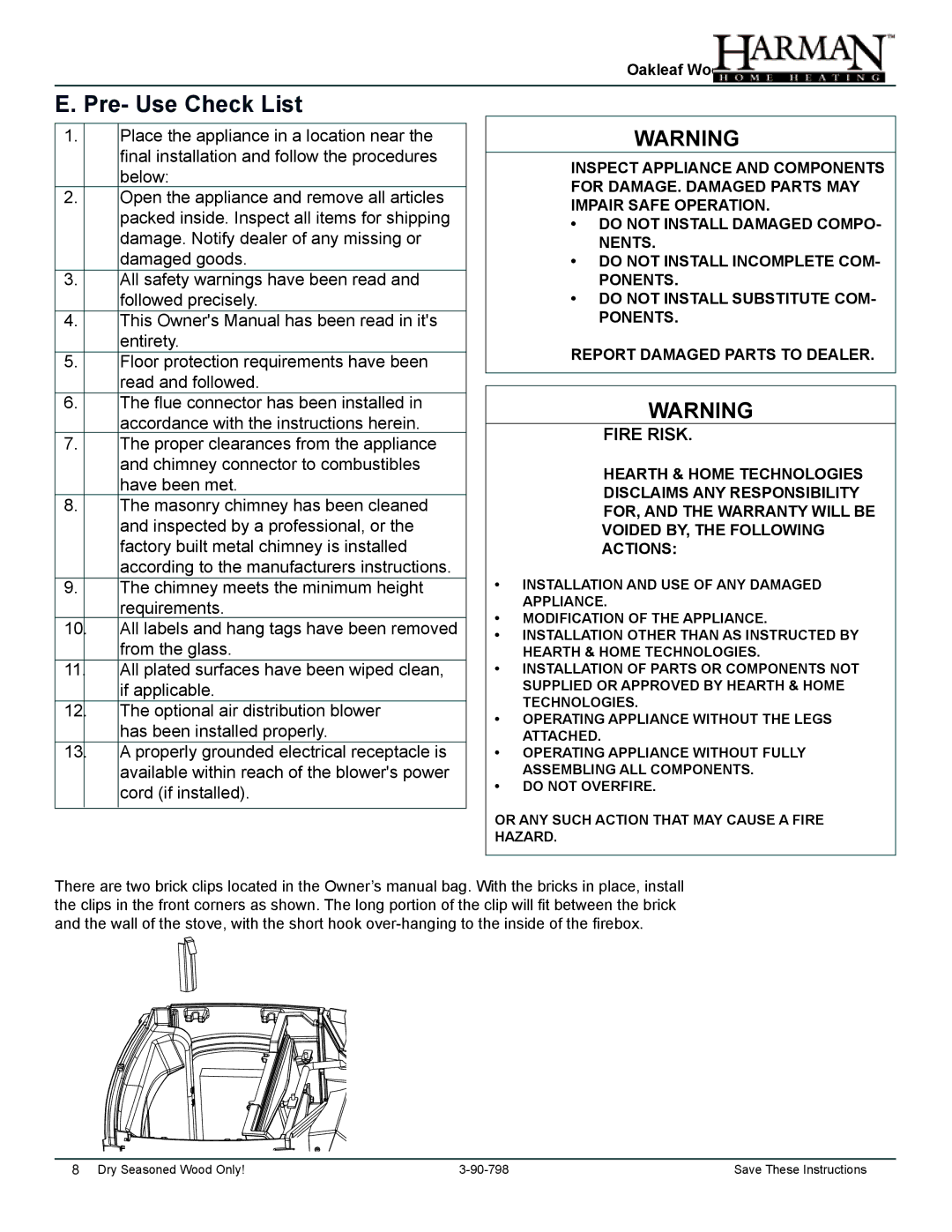 Harman Stove Company 1-90-797000 manual Pre- Use Check List, Fire Risk 