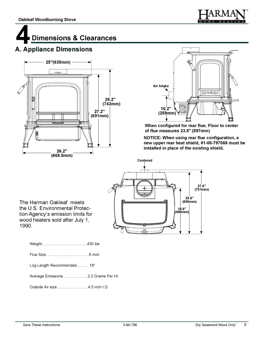 Harman Stove Company 1-90-797000 manual 4Dimensions & Clearances, Appliance Dimensions 