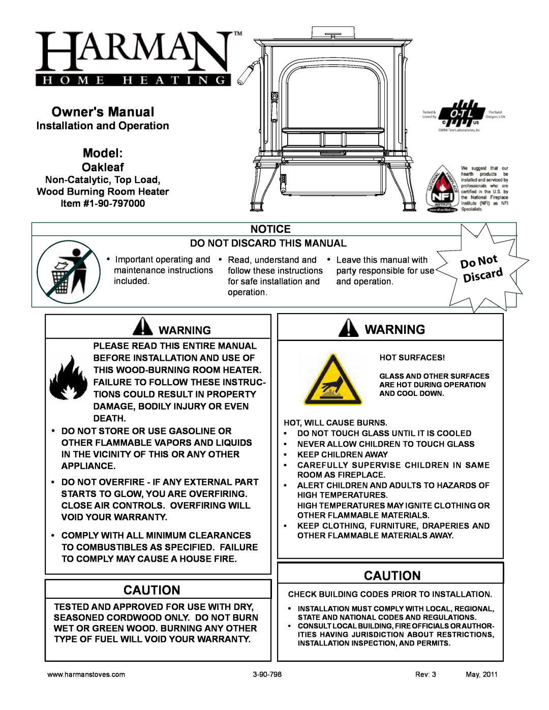 Harman Stove Company 1-90-797000 manual Model, Oakleaf, Discard, Non-Catalytic,Top Load Wood Burning Room Heater 