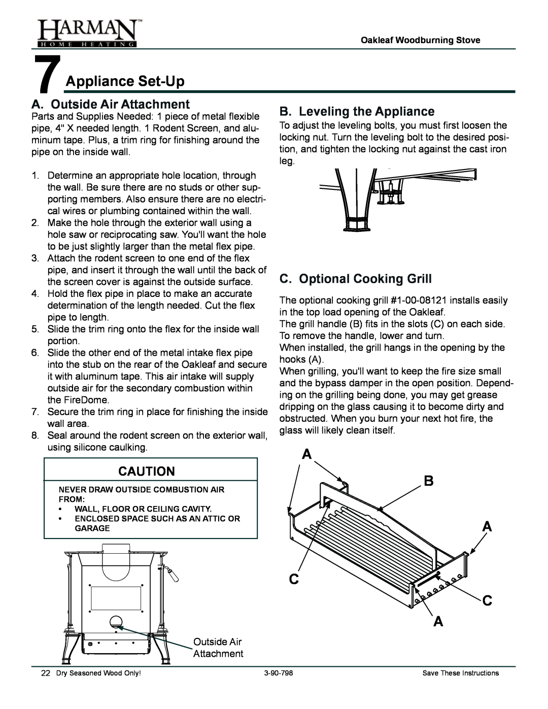 Harman Stove Company 1-90-797000 manual Appliance Set-Up, C C A, A. Outside Air Attachment, B. Leveling the Appliance 
