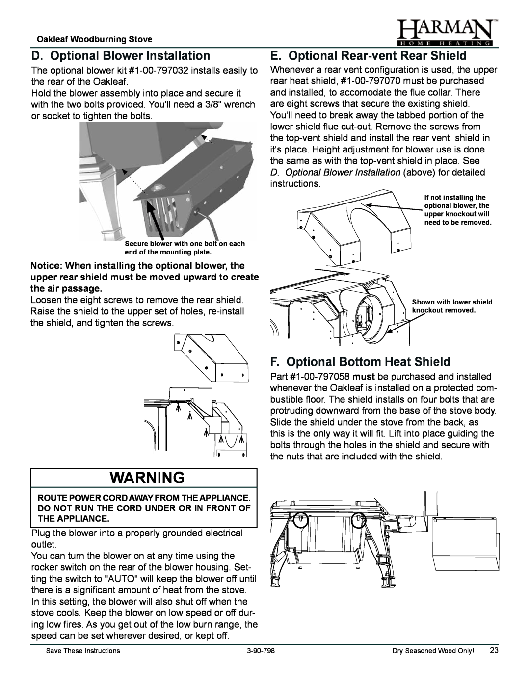 Harman Stove Company 1-90-797000 manual D. Optional Blower Installation, E. Optional Rear-ventRear Shield 