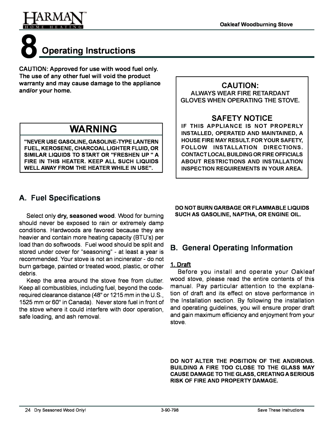 Harman Stove Company 1-90-797000 manual 8Operating Instructions, Safety Notice, A. Fuel Specifications, Draft 