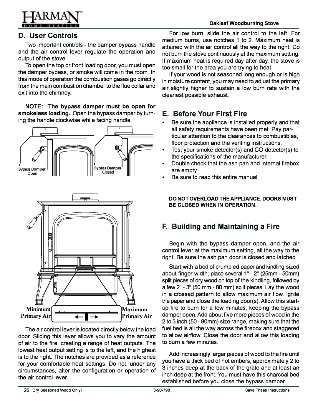 Harman Stove Company 1-90-797000 D. User Controls, E. Before Your First Fire, F. Building and Maintaining a Fire, Minimum 