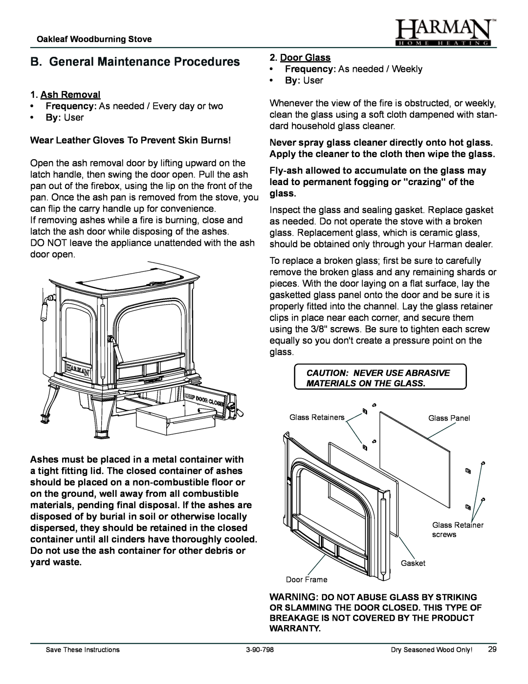 Harman Stove Company 1-90-797000 manual B. General Maintenance Procedures, Ash Removal, By User, Door Glass 