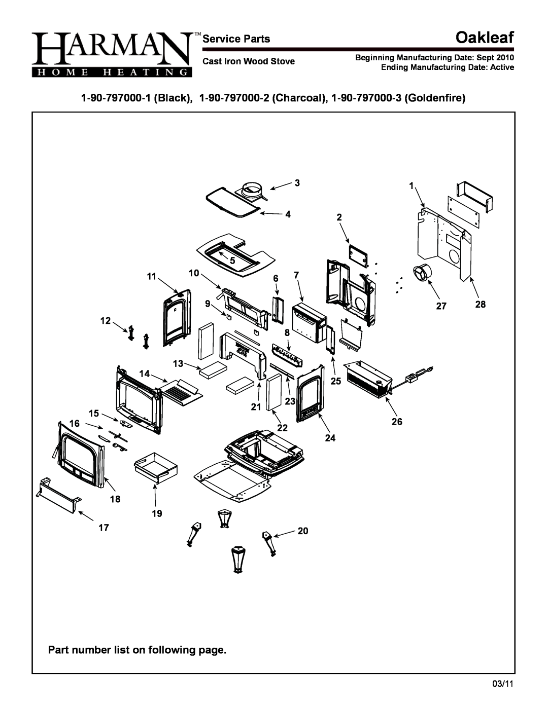Harman Stove Company 1-90-797000 manual Oakleaf, service Parts, Part number list on following page, 11 12 14 15 16 18 