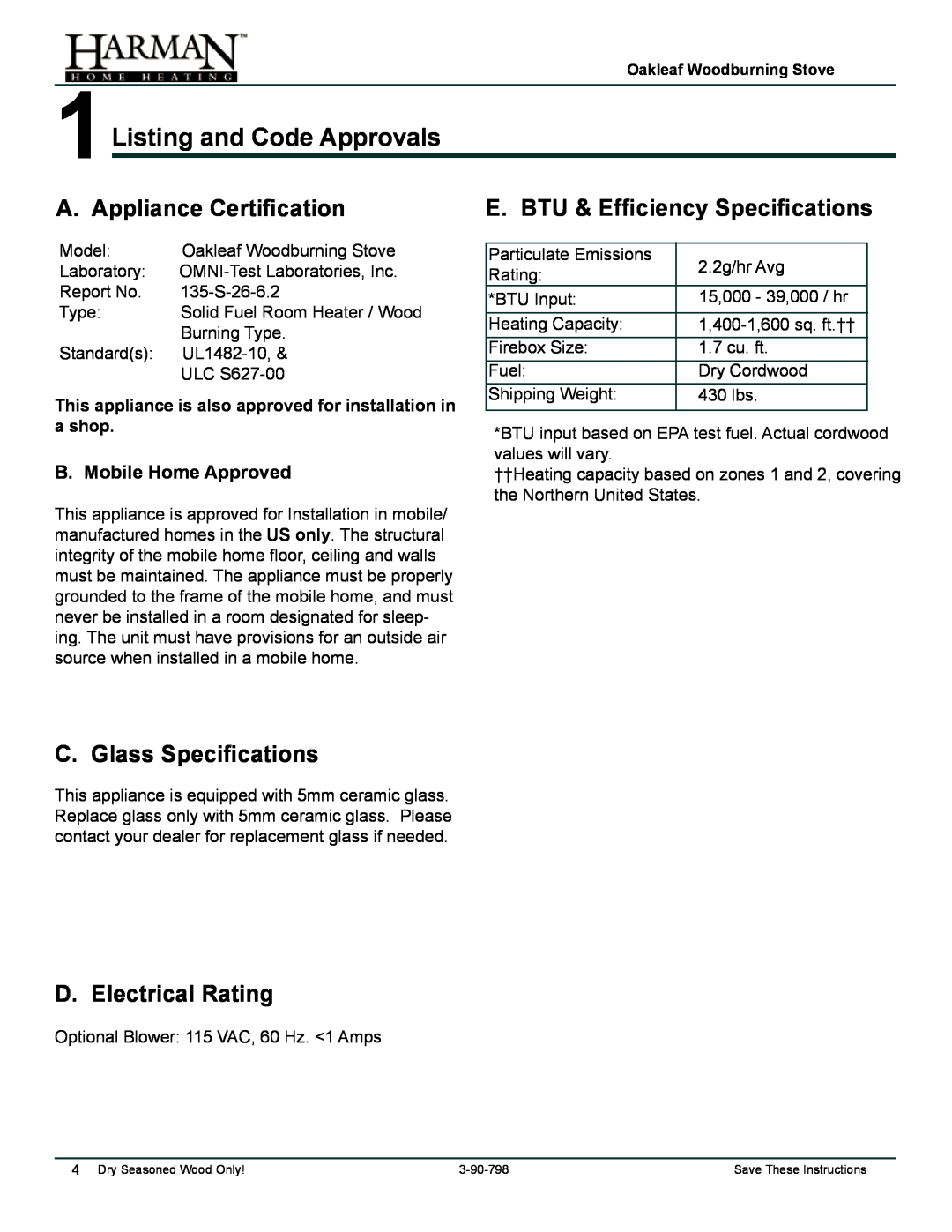 Harman Stove Company 1-90-797000 manual 1Listing and Code Approvals, A. Appliance Certification, C. Glass Specifications 