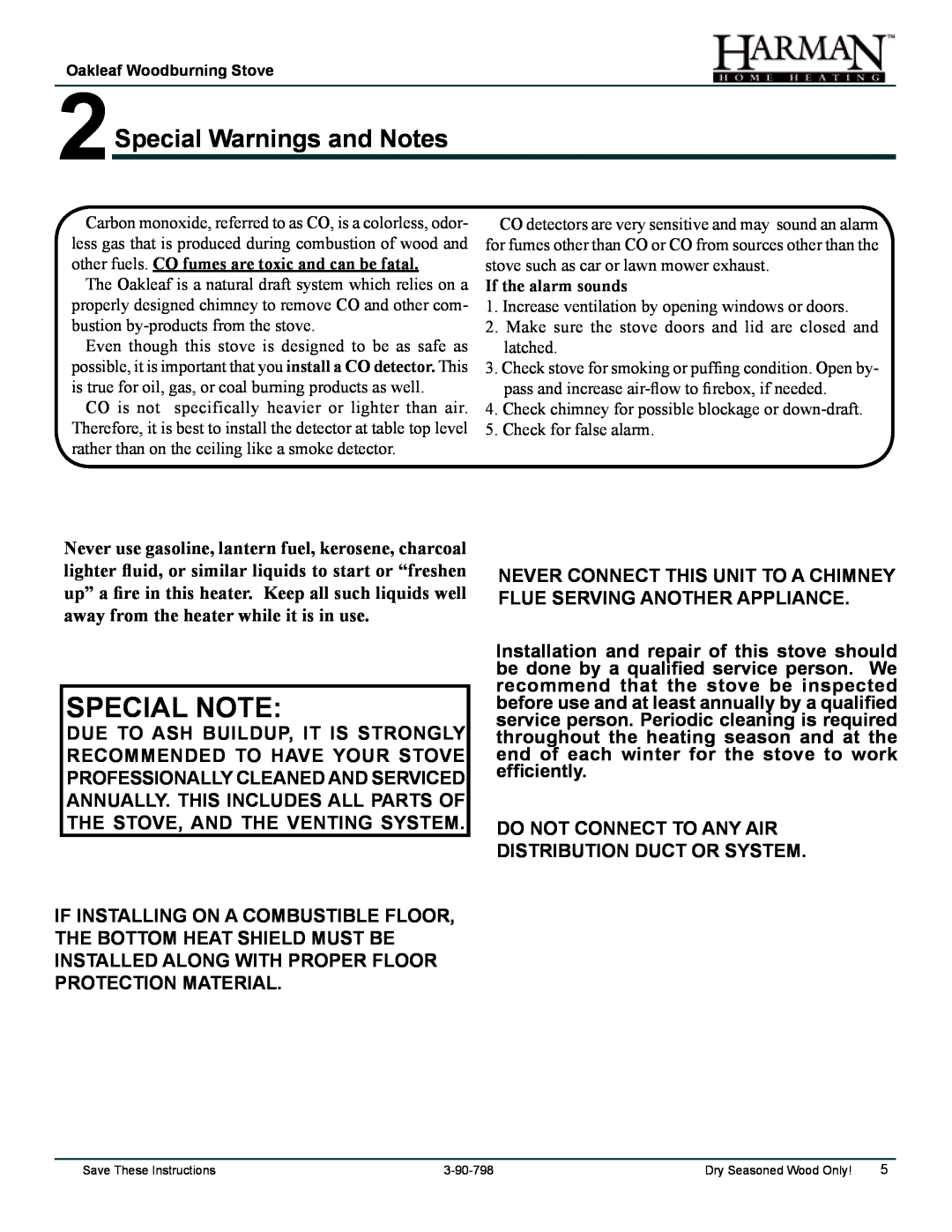 Harman Stove Company 1-90-797000 manual Special Note, 2Special Warnings and Notes 