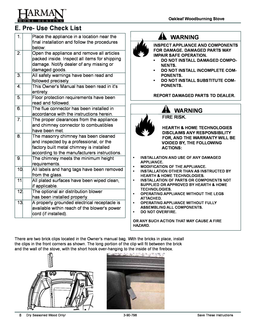 Harman Stove Company 1-90-797000 manual E. Pre- Use Check List, Fire Risk 