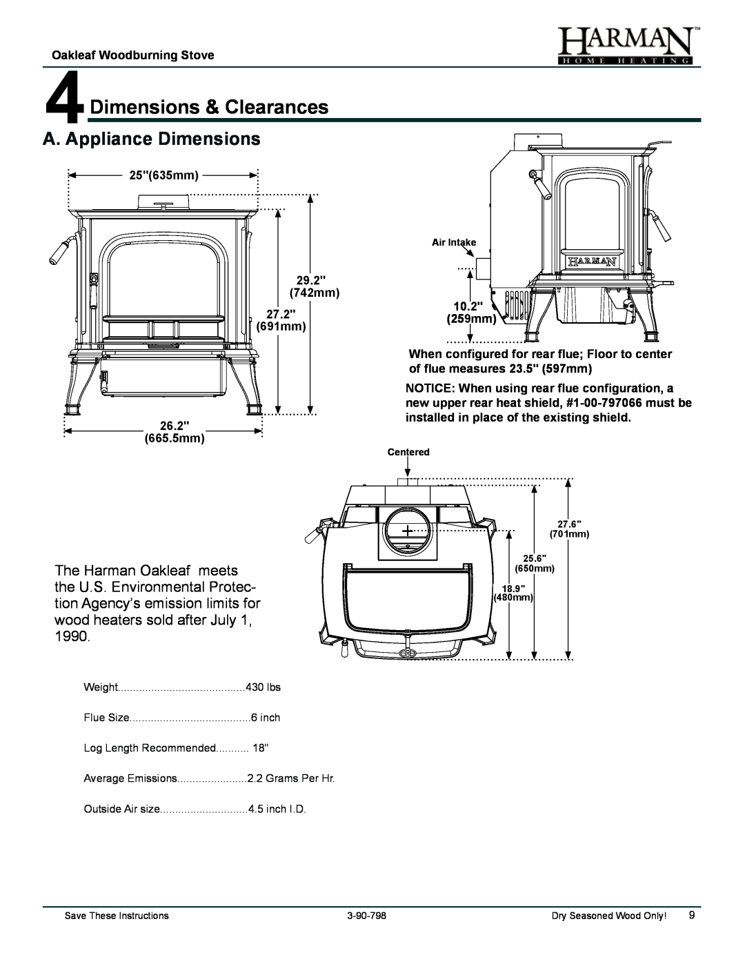 Harman Stove Company 1-90-797000 manual 4Dimensions & Clearances, A. Appliance Dimensions 