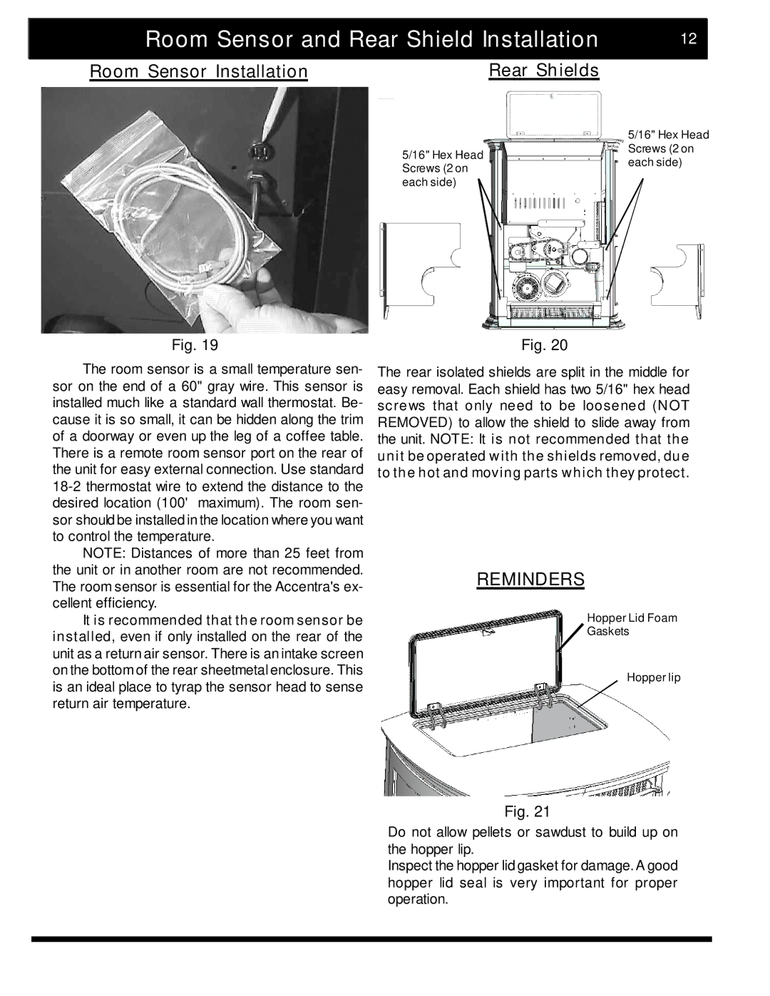 Harman Stove Company 2 manual Room Sensor and Rear Shield Installation, Room Sensor Installation Rear Shields 