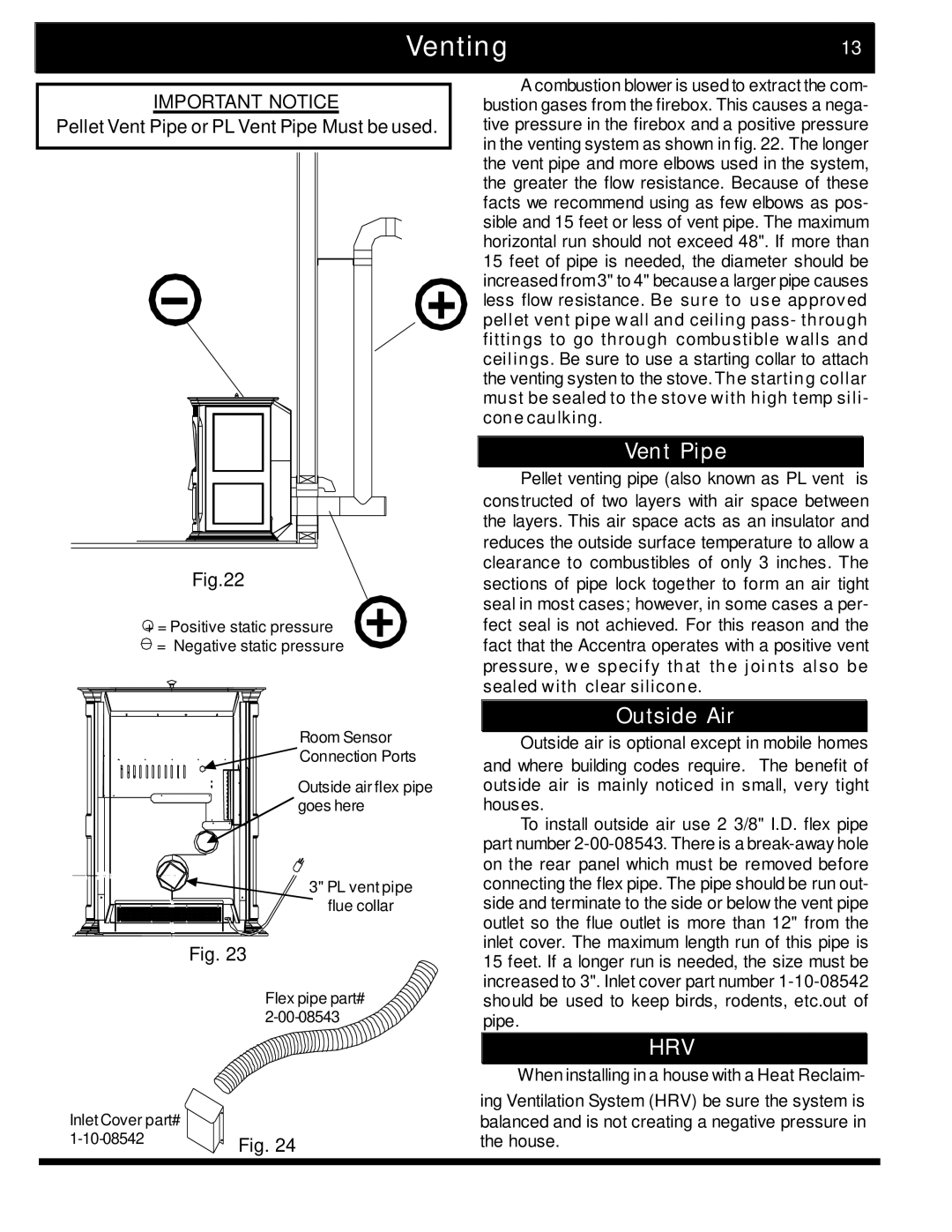 Harman Stove Company 2 manual Venting, Vent Pipe, Outside Air 