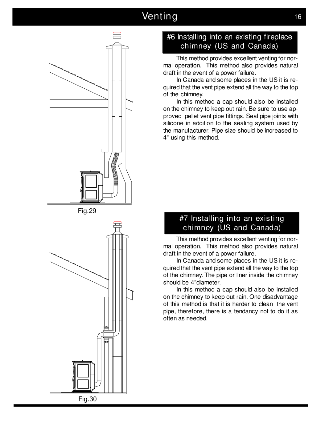 Harman Stove Company 2 manual Venting16, #7 Installing into an existing chimney US and Canada 