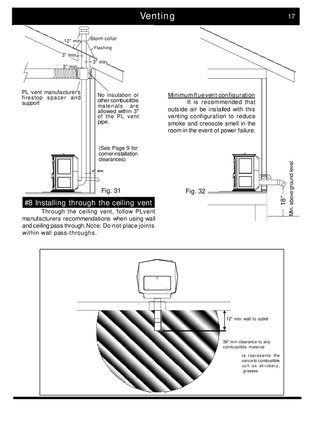 Harman Stove Company 2 manual Venting17, #8 Installing through the ceiling vent, Minimumflue vent configuration 