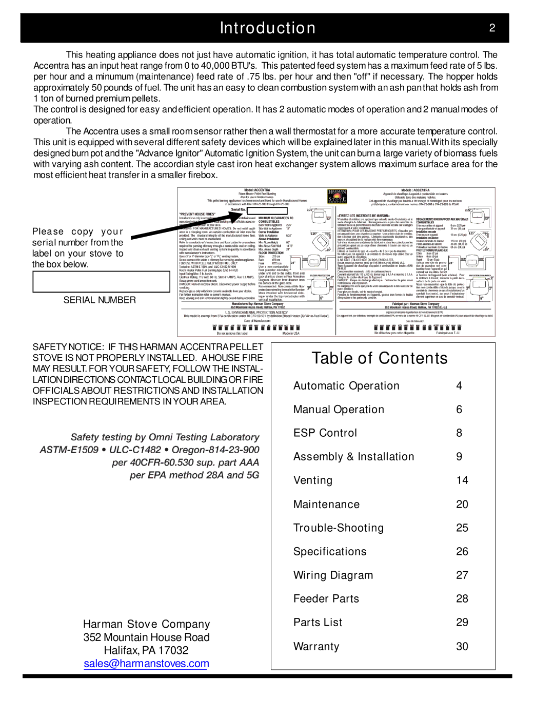 Harman Stove Company 2 manual Introduction, Table of Contents 