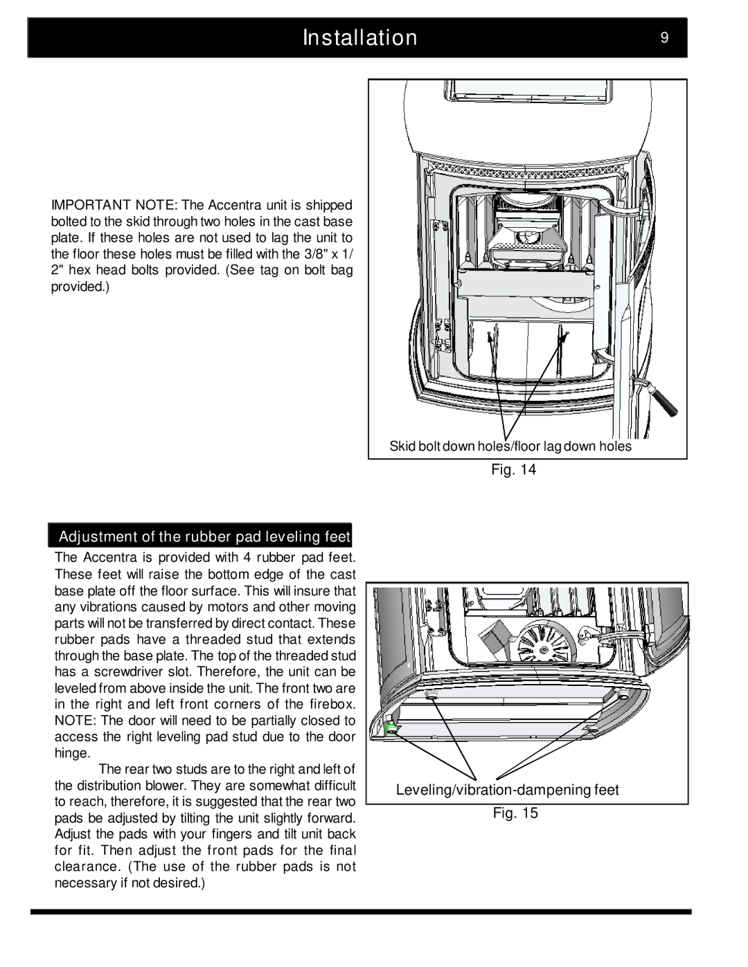 Harman Stove Company 2 manual Installation9, Adjustment of the rubber pad leveling feet 