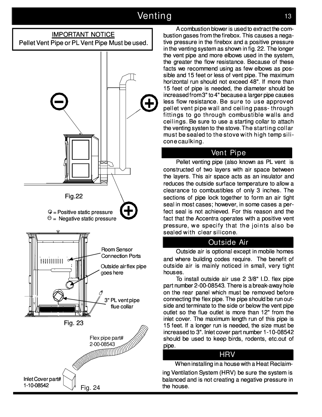 Harman Stove Company 2 manual Venting, Vent Pipe, Outside Air, Important Notice 