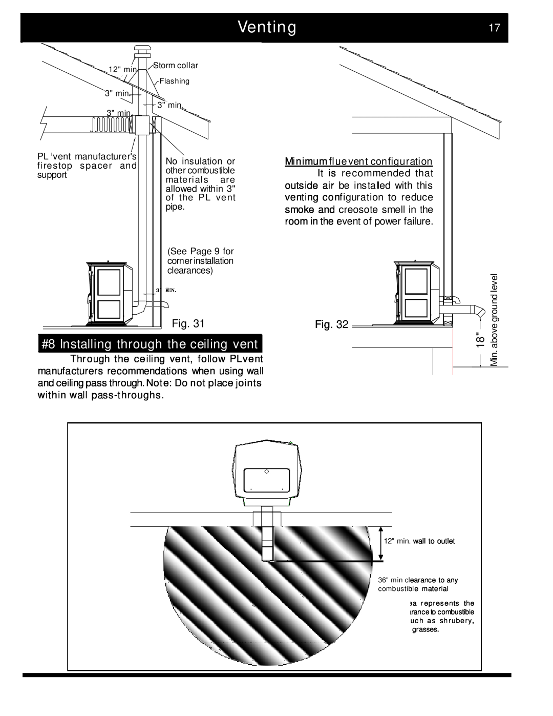 Harman Stove Company 2 manual Venting17, #8 Installing through the ceiling vent, Minimumflue vent configuration 