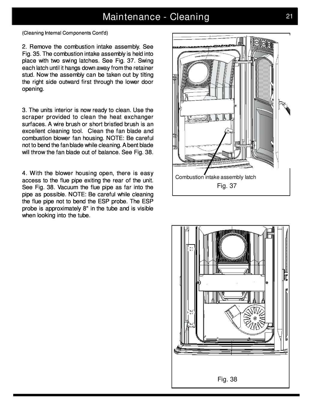 Harman Stove Company manual Maintenance - Cleaning21, Combustion intake assembly latch 