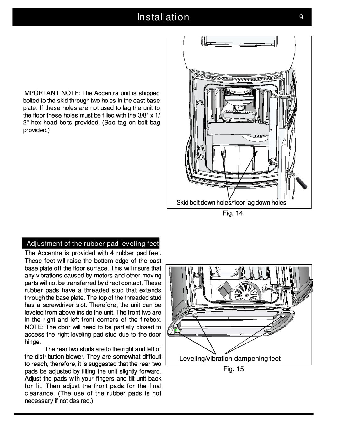 Harman Stove Company 2 manual Installation9, Adjustment of the rubber pad leveling feet 