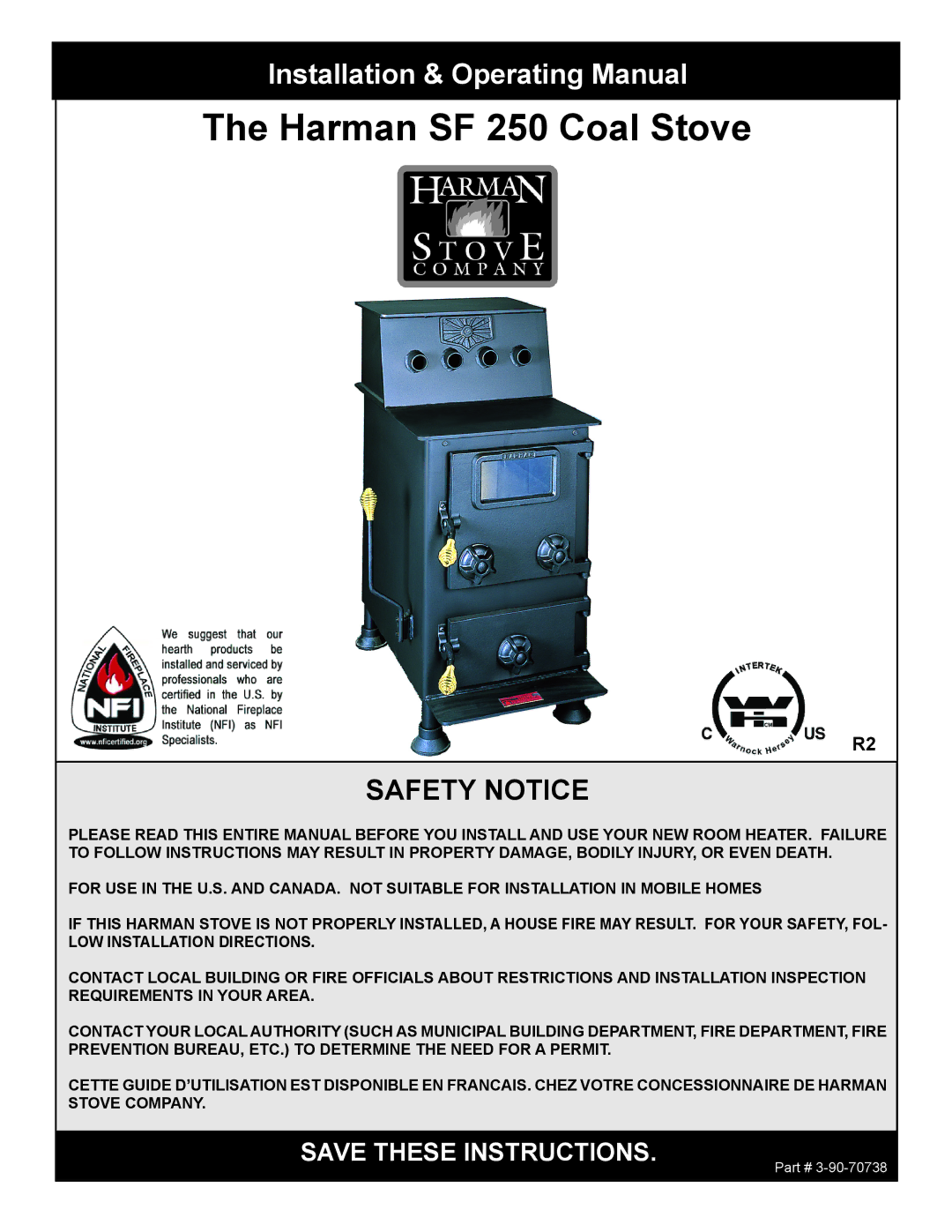 Harman Stove Company 3-90-70738 manual Harman SF 250 Coal Stove, Installation & Operating Manual 