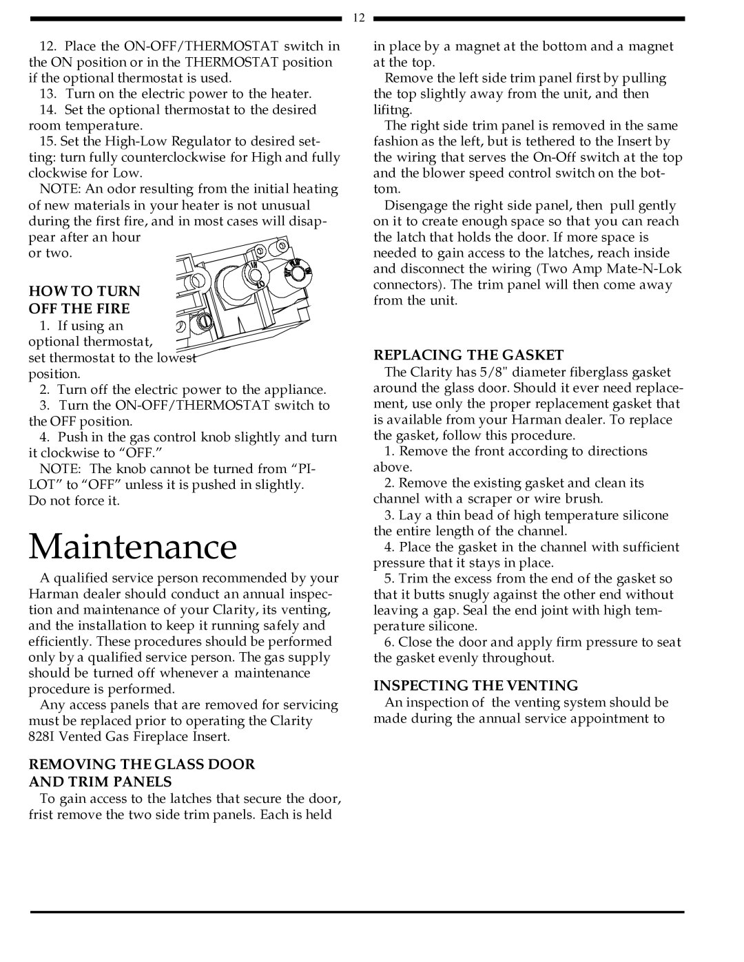 Harman Stove Company 828i Maintenance, Removing the Glass Door Trim Panels, Replacing the Gasket, Inspecting the Venting 