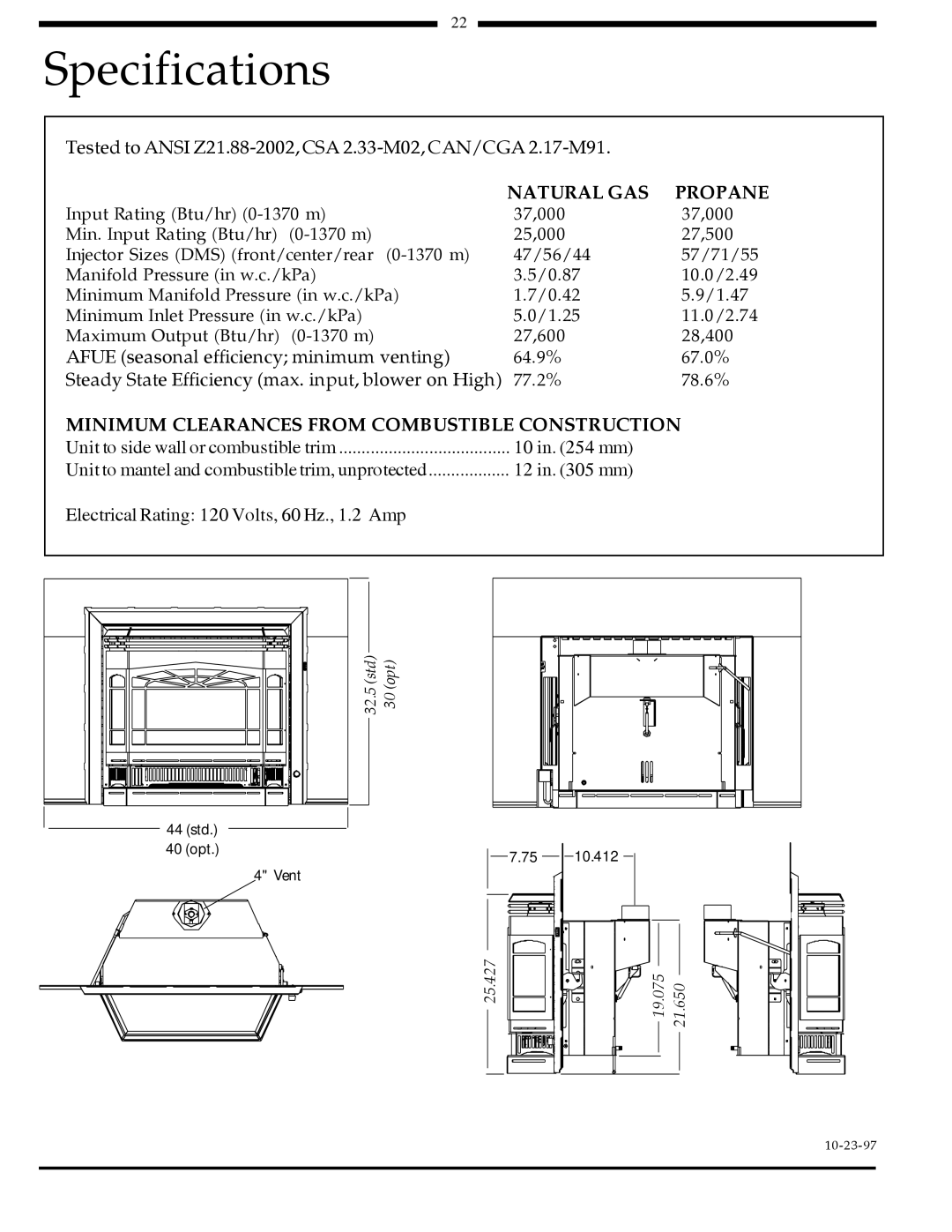 Harman Stove Company 828i manual Specifications, Natural GAS Propane, Minimum Clearances from Combustible Construction 