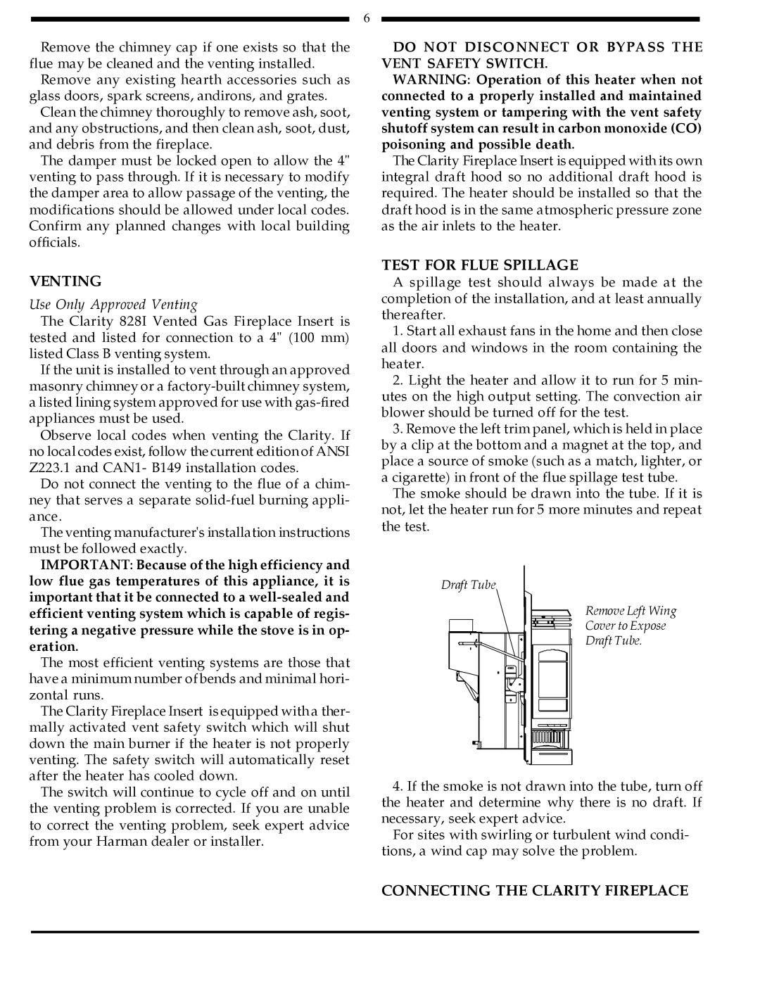 Harman Stove Company 828i manual Venting, Test for Flue Spillage, Connecting the Clarity Fireplace 