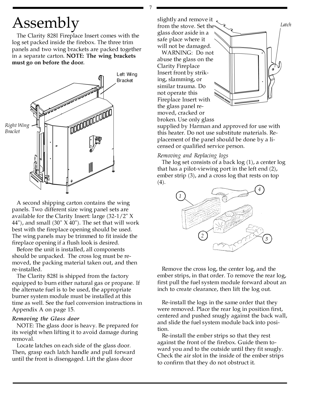 Harman Stove Company 828i manual Assembly, Removing the Glass door 