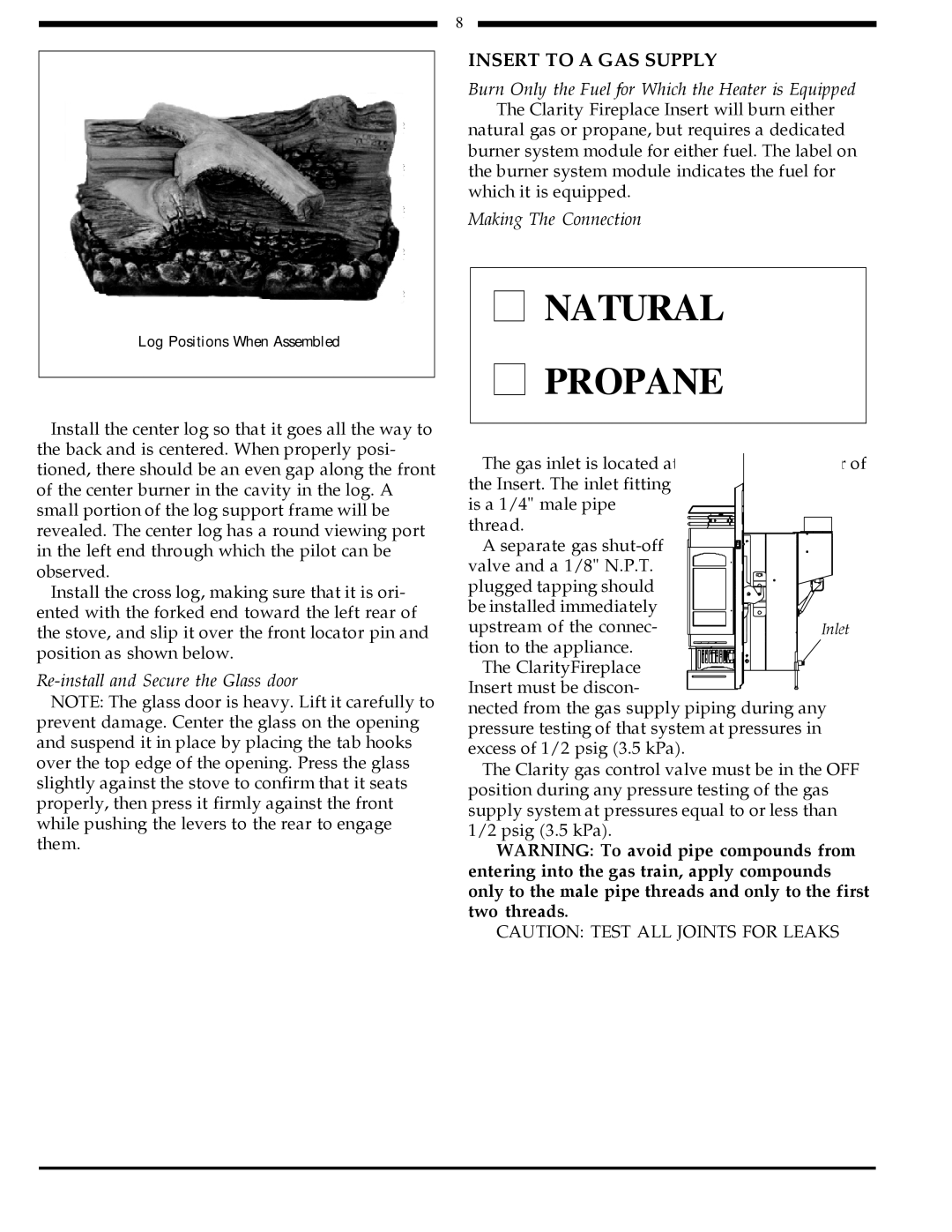 Harman Stove Company 828i manual Natural Propane, Insert to a GAS Supply 