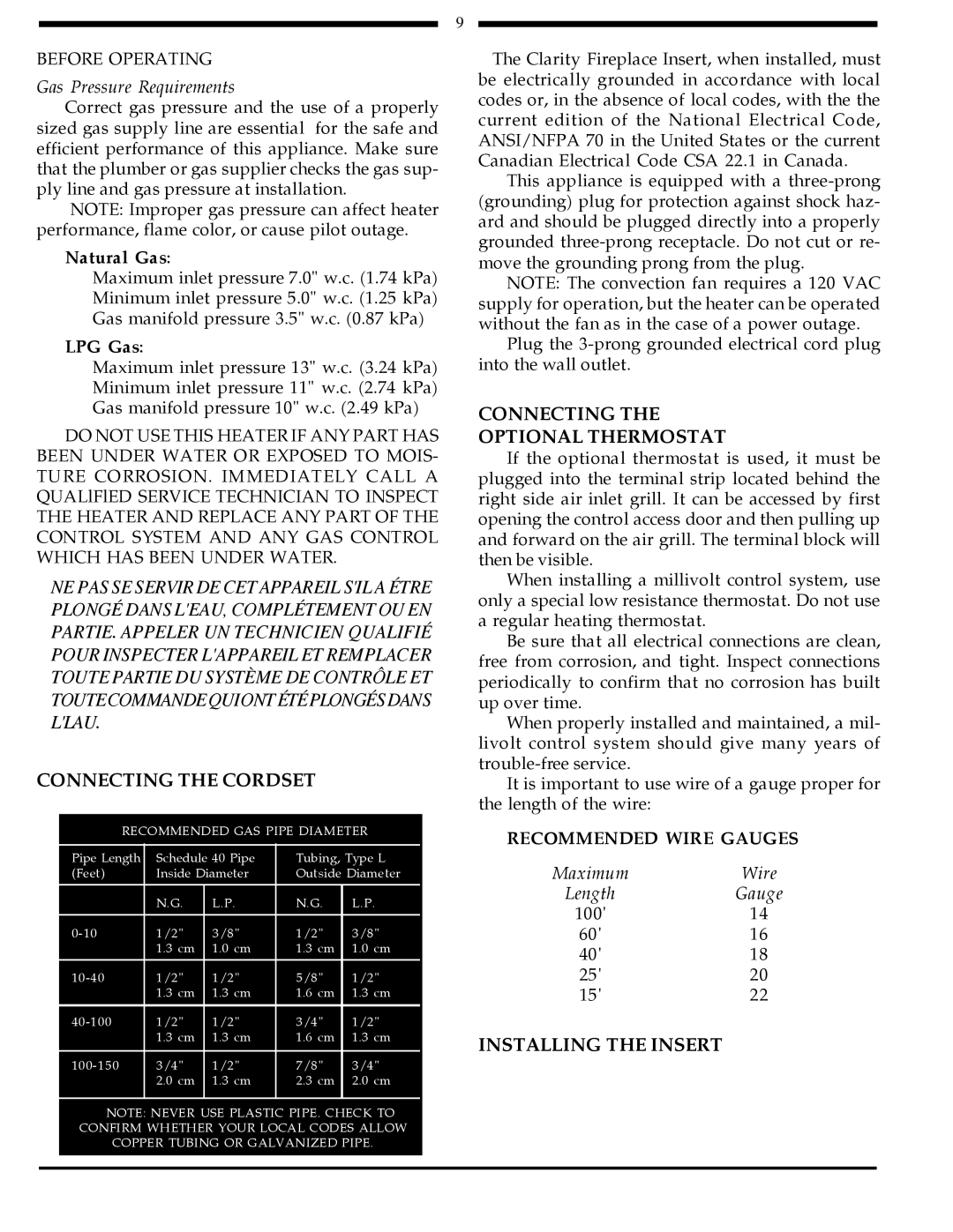 Harman Stove Company 828i manual Connecting the Cordset, Connecting Optional Thermostat, Installing the Insert 