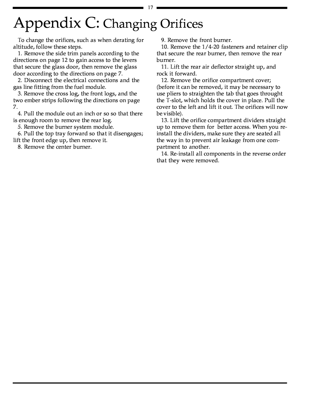 Harman Stove Company 828i manual Appendix C Changing Orifices 