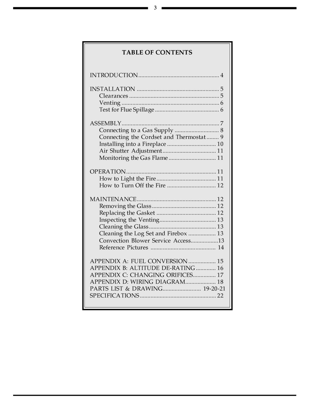 Harman Stove Company 828i manual Table Of Contents 