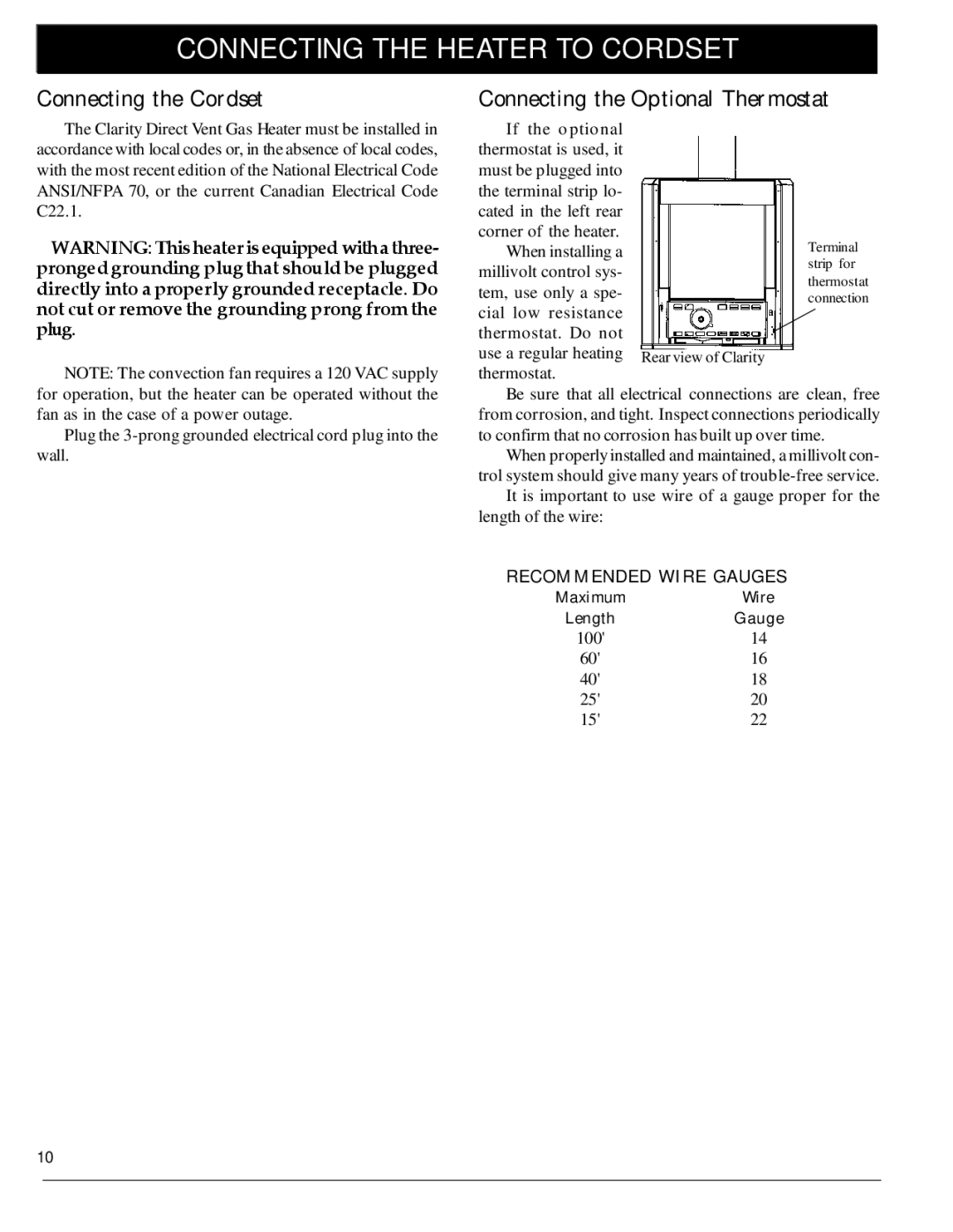 Harman Stove Company 929 DV Connecting the Heater to Cordset, Connecting the Cordset, Connecting the Optional Thermostat 