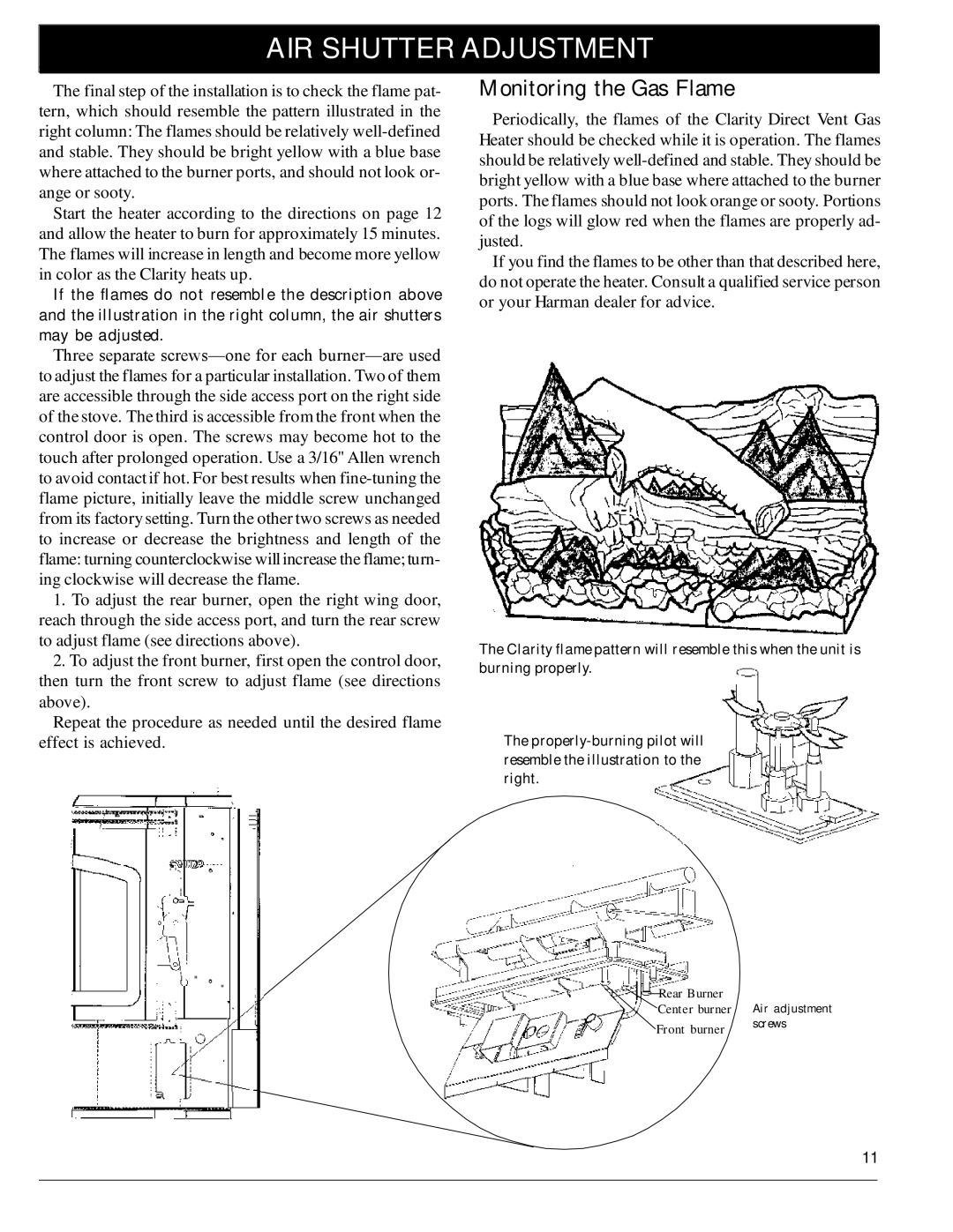 Harman Stove Company 929 DV manual AIR Shutter Adjustment, Monitoring the Gas Flame 