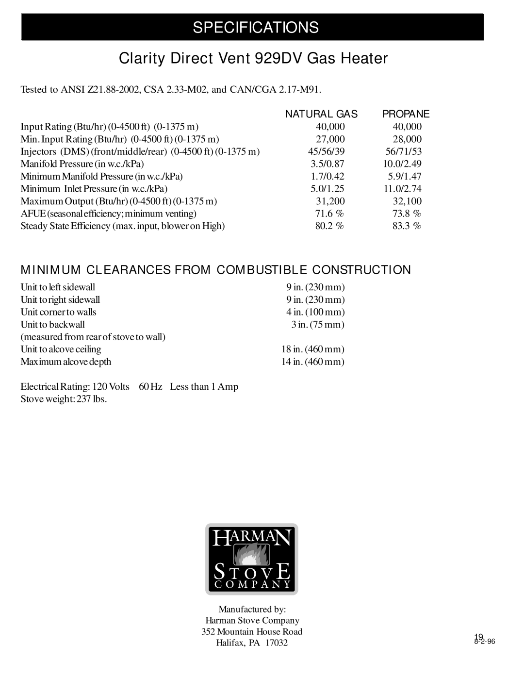 Harman Stove Company 929 DV manual Specifications, Minimum Clearances from Combustible Construction 