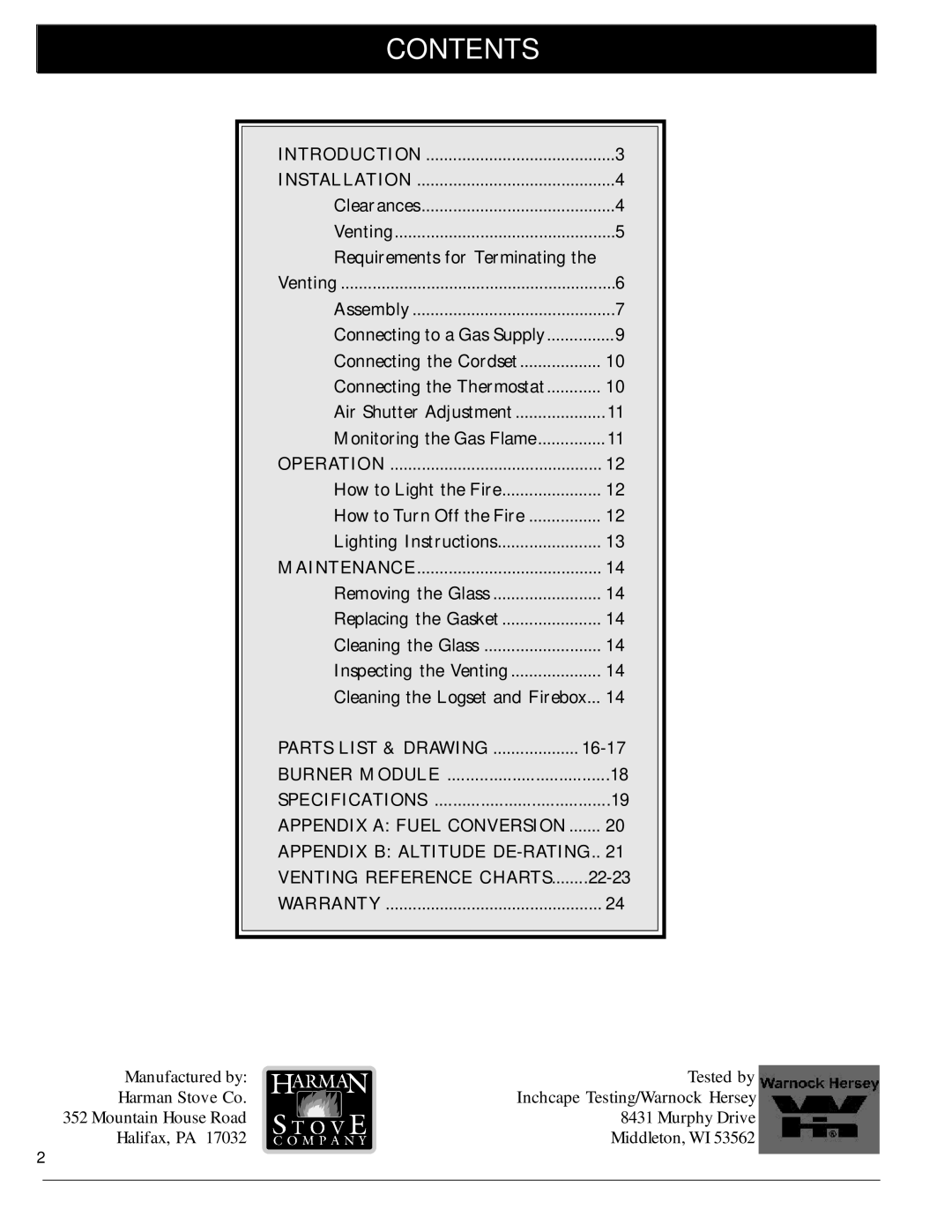 Harman Stove Company 929 DV manual Contents 