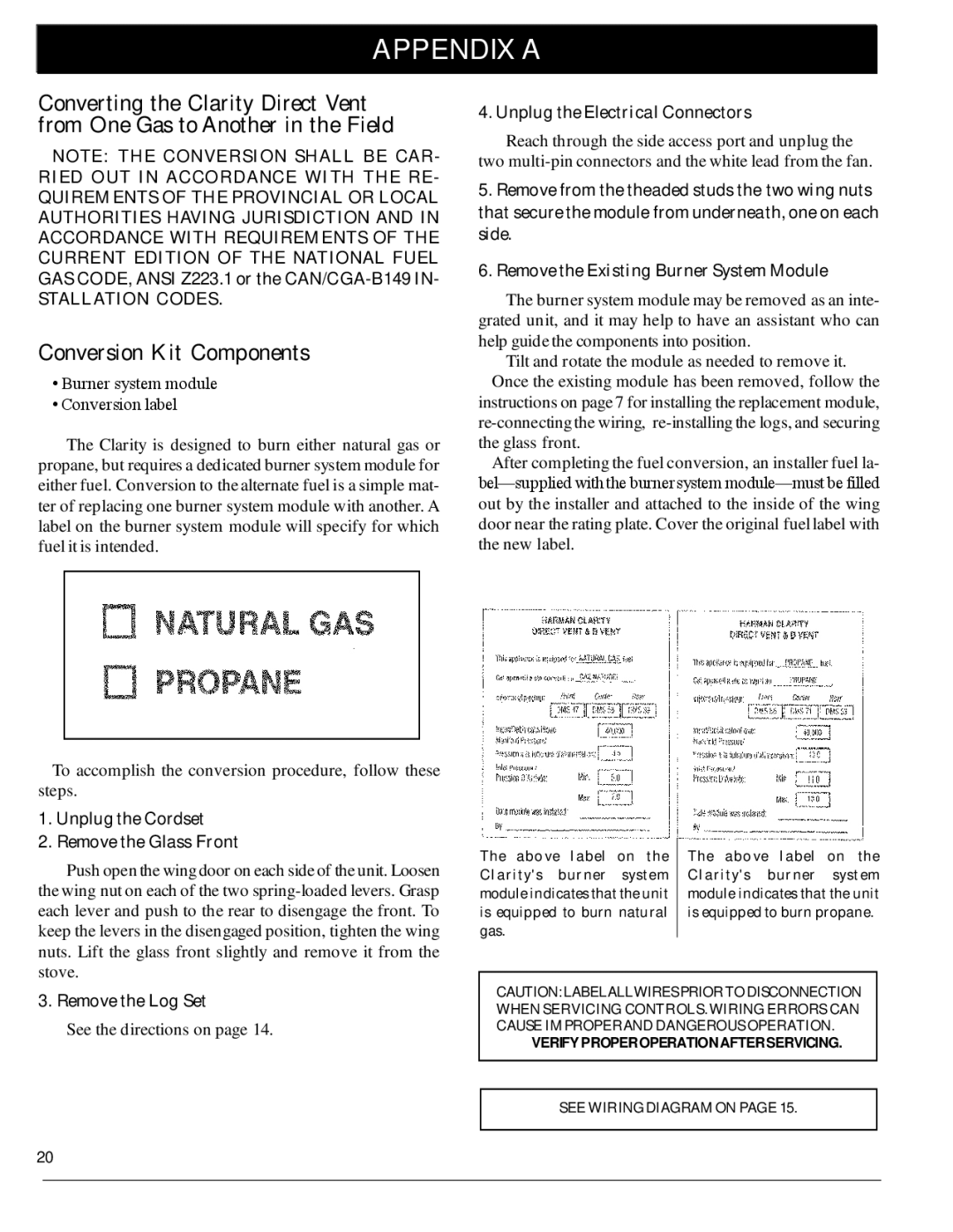 Harman Stove Company 929 DV manual Appendix a, Conversion Kit Components, Unplug the Cordset Remove the Glass Front 