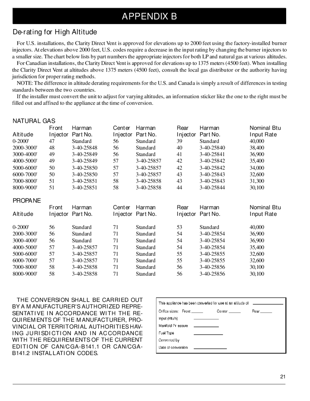 Harman Stove Company 929 DV manual Appendix B, De-rating for High Altitude, Front Harman Center Rear 