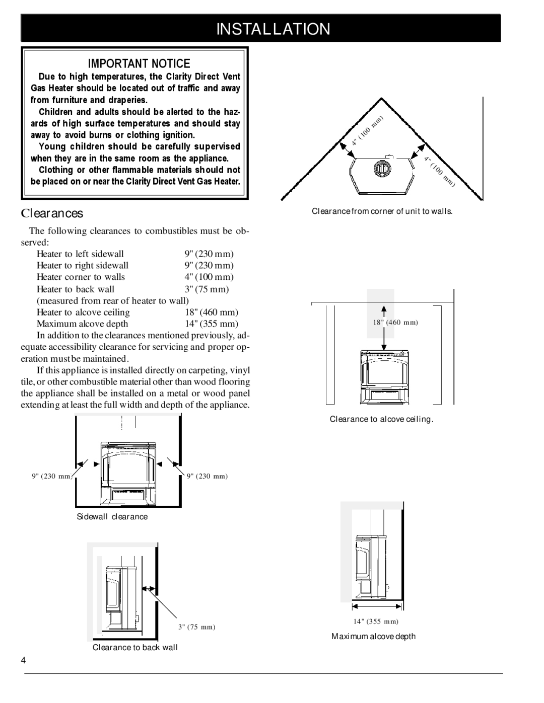 Harman Stove Company 929 DV manual Installation, Important Notice, Clearances 