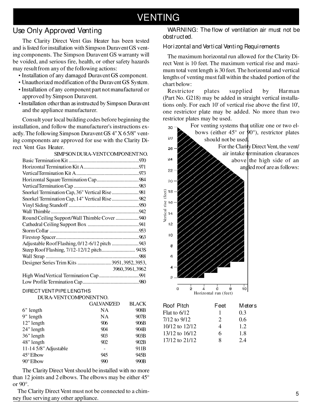 Harman Stove Company 929 DV manual Use Only Approved Venting, Horizontaland Vertical Venting Requirements 
