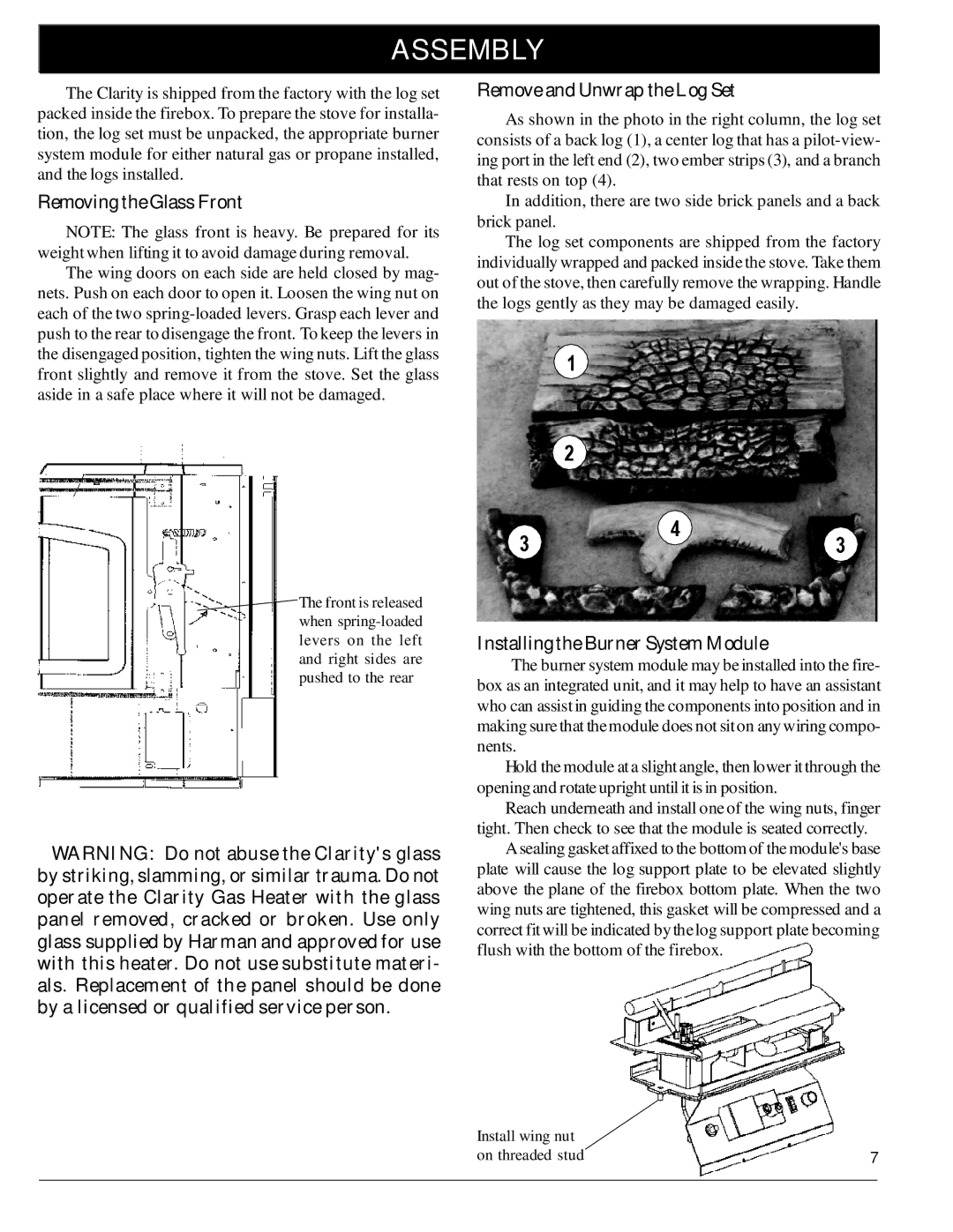 Harman Stove Company 929 DV manual Assembly, Removing the Glass Front 