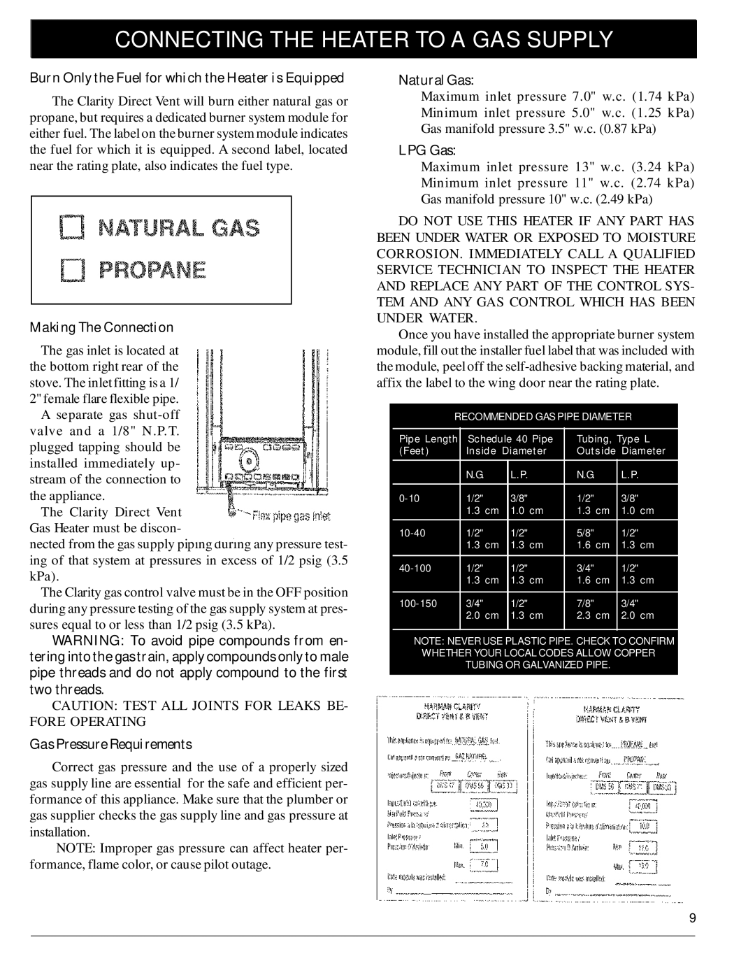 Harman Stove Company 929 DV Connecting the Heater to a GAS Supply, Burn Only the Fuel for which the Heater is Equipped 