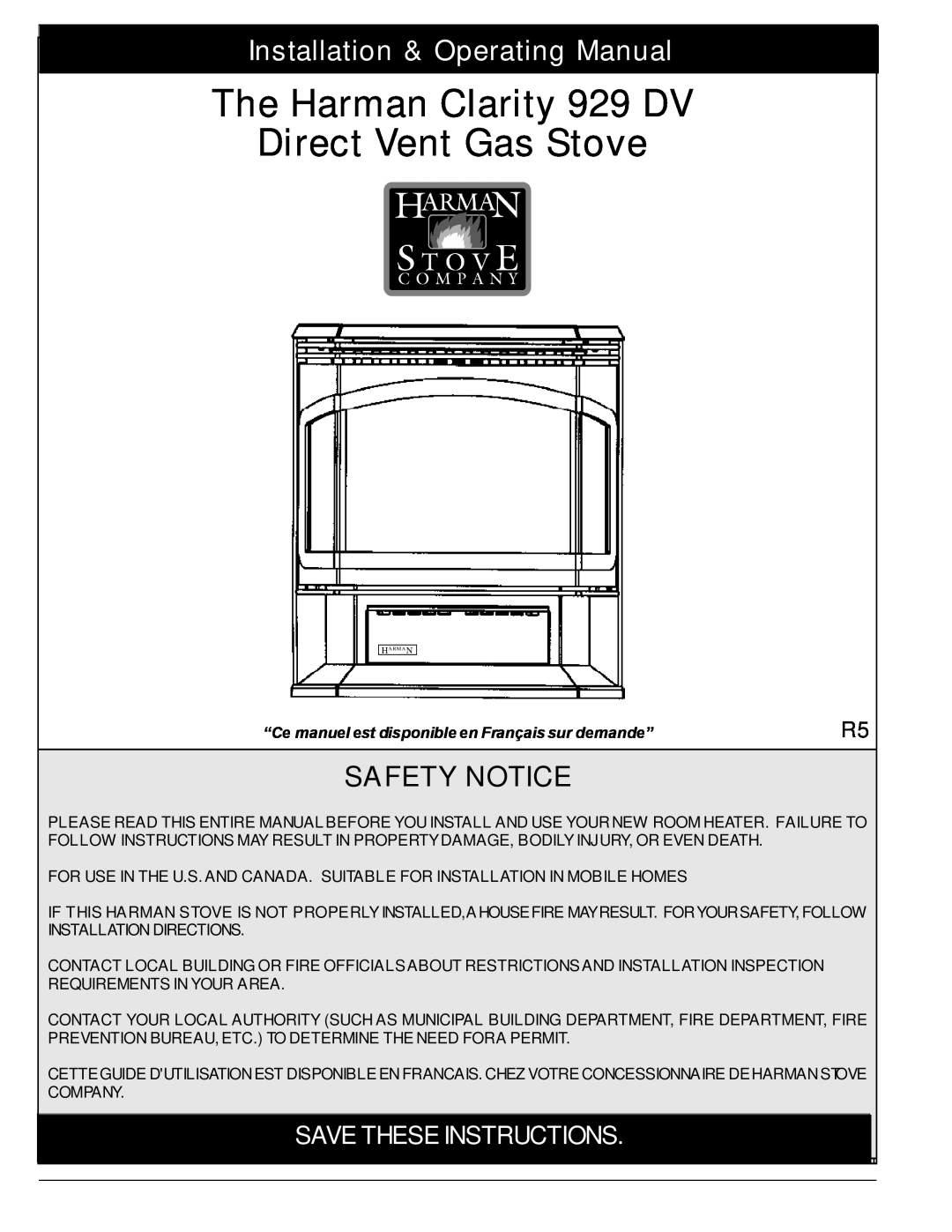 Harman Stove Company 929 DV manual Installation & Operating Manual, Safety Notice, Save These Instructions 